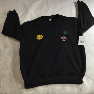 Original Deluxe Black Crewneck Sweater with Colorful Patches SZ Medium